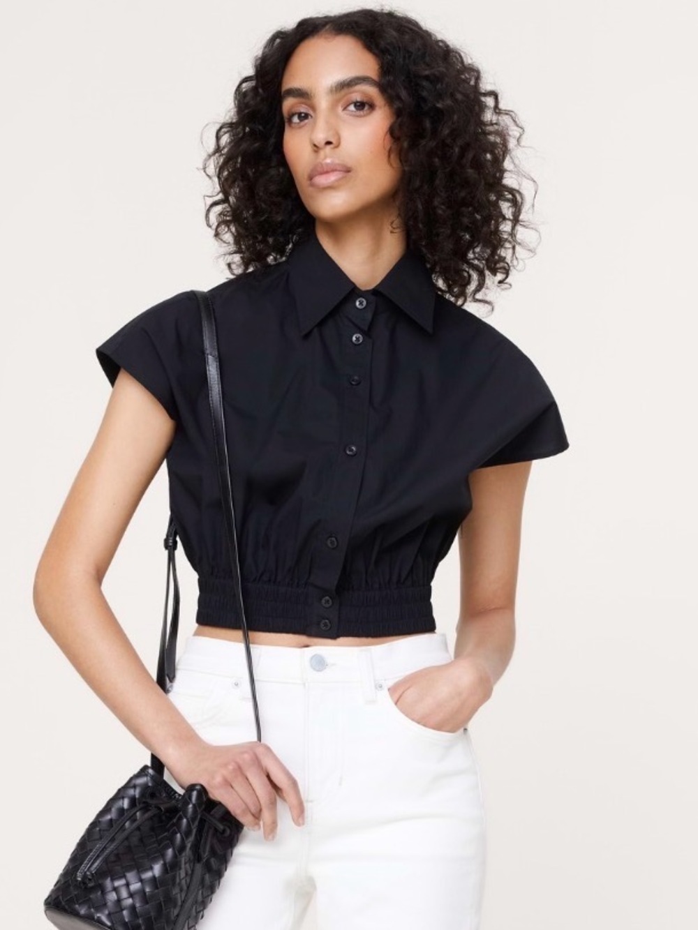 NWT Banana Republic Cotton Poplin Super Cropped Black Shirt Sz M (#891759)